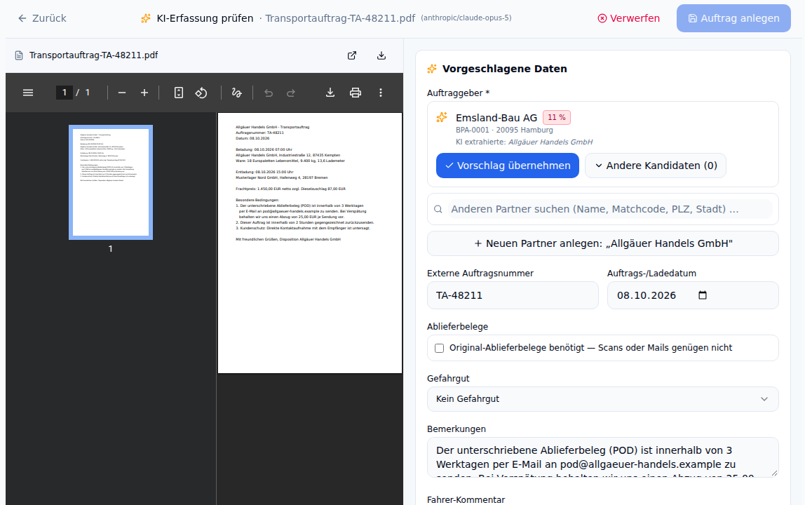 FR8 orderControl: KI-Erfassung mit dem Auftrags-PDF links und den erkannten Daten rechts