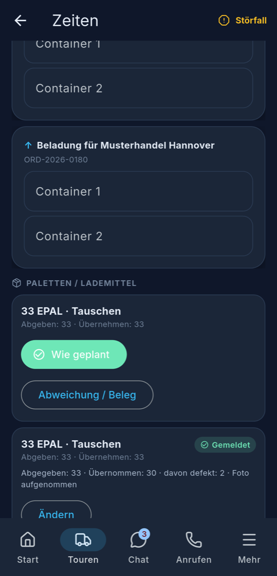 Fahrer-App: Paletten an einer Station melden