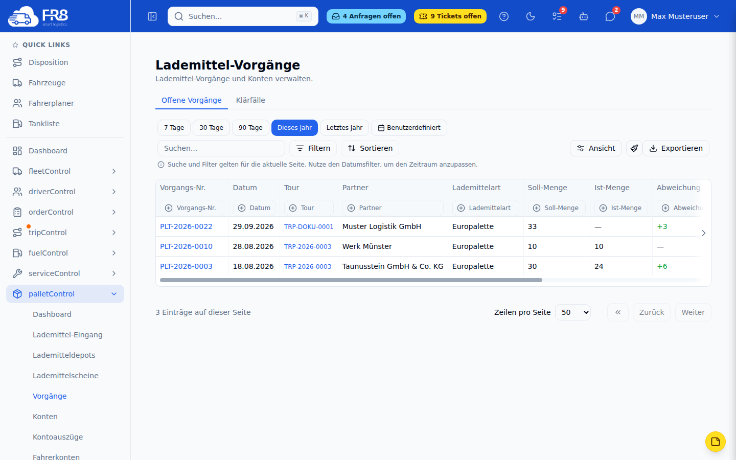 Lademittel-Vorgänge mit Status in palletControl