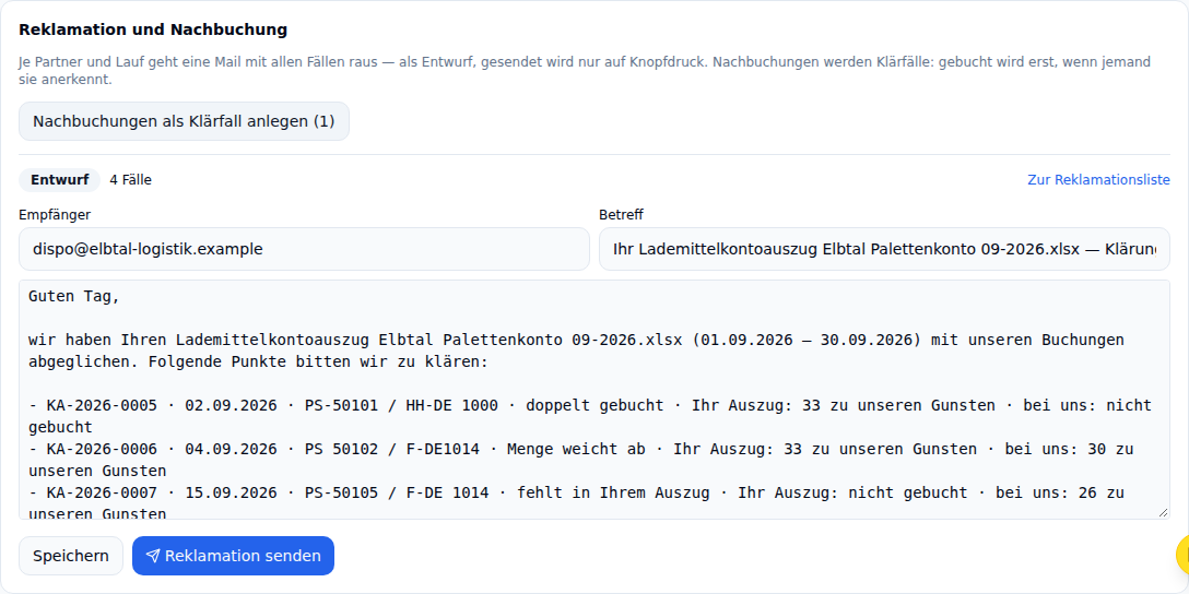 Entwurf einer Sammelreklamation aus dem Abgleich eines Partner-Auszugs