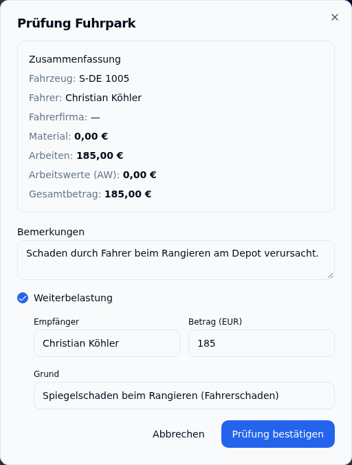 Fuhrpark-Prüfung mit Weiterbelastung