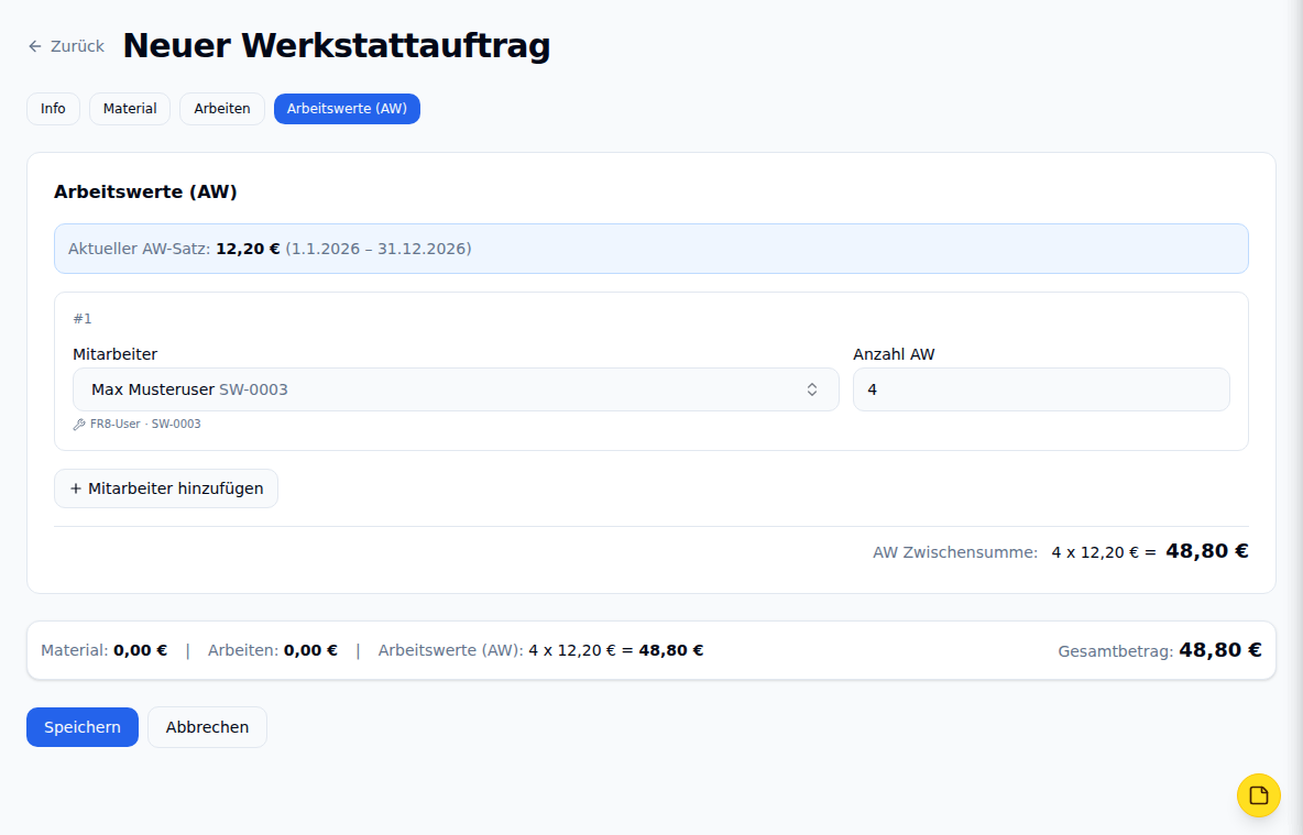 Werkstattauftrag mit Arbeitswerten