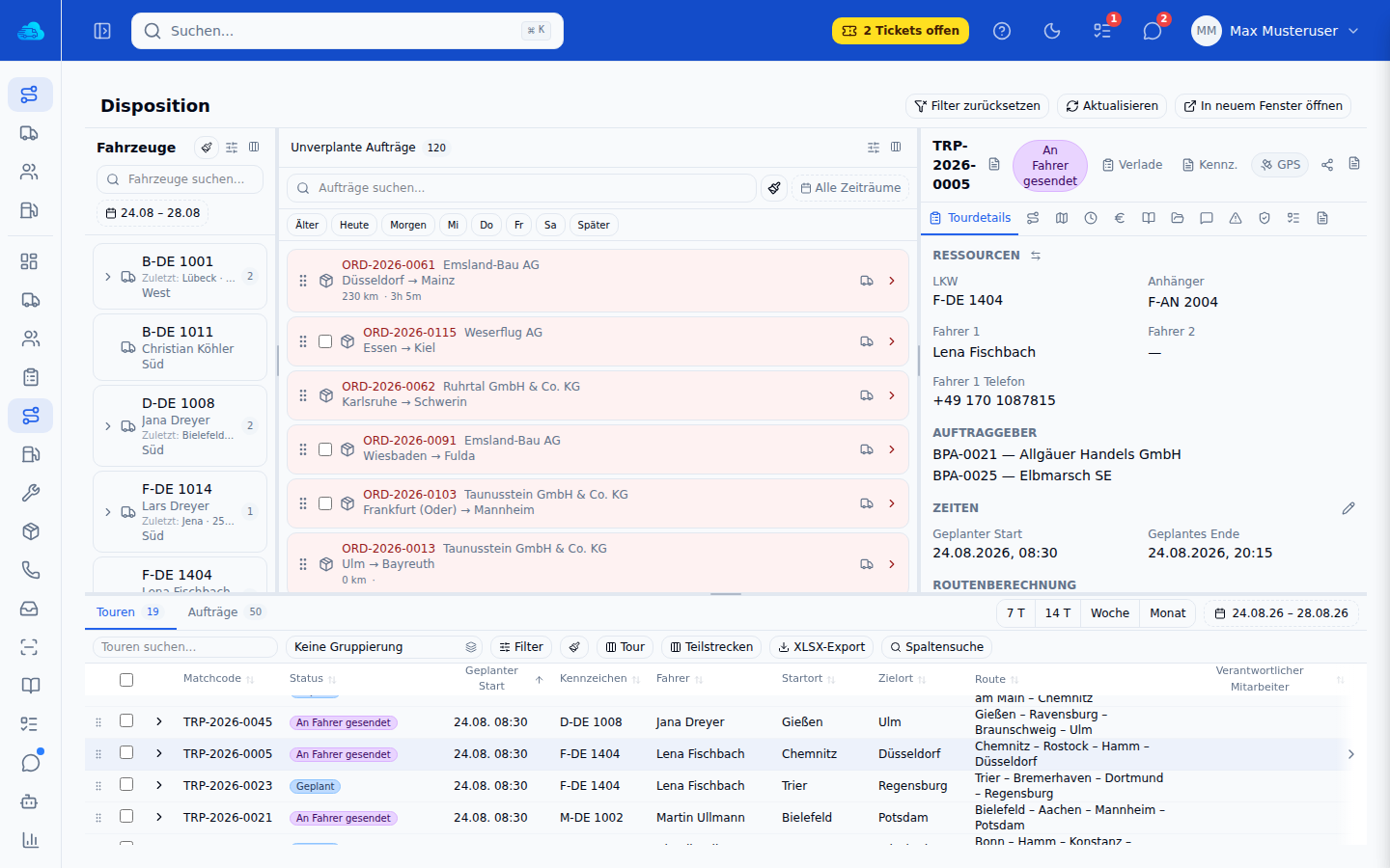 FR8 tripControl: Disposition mit Fahrzeugen, unverplanten Aufträgen, Tourdetail und Tourenliste