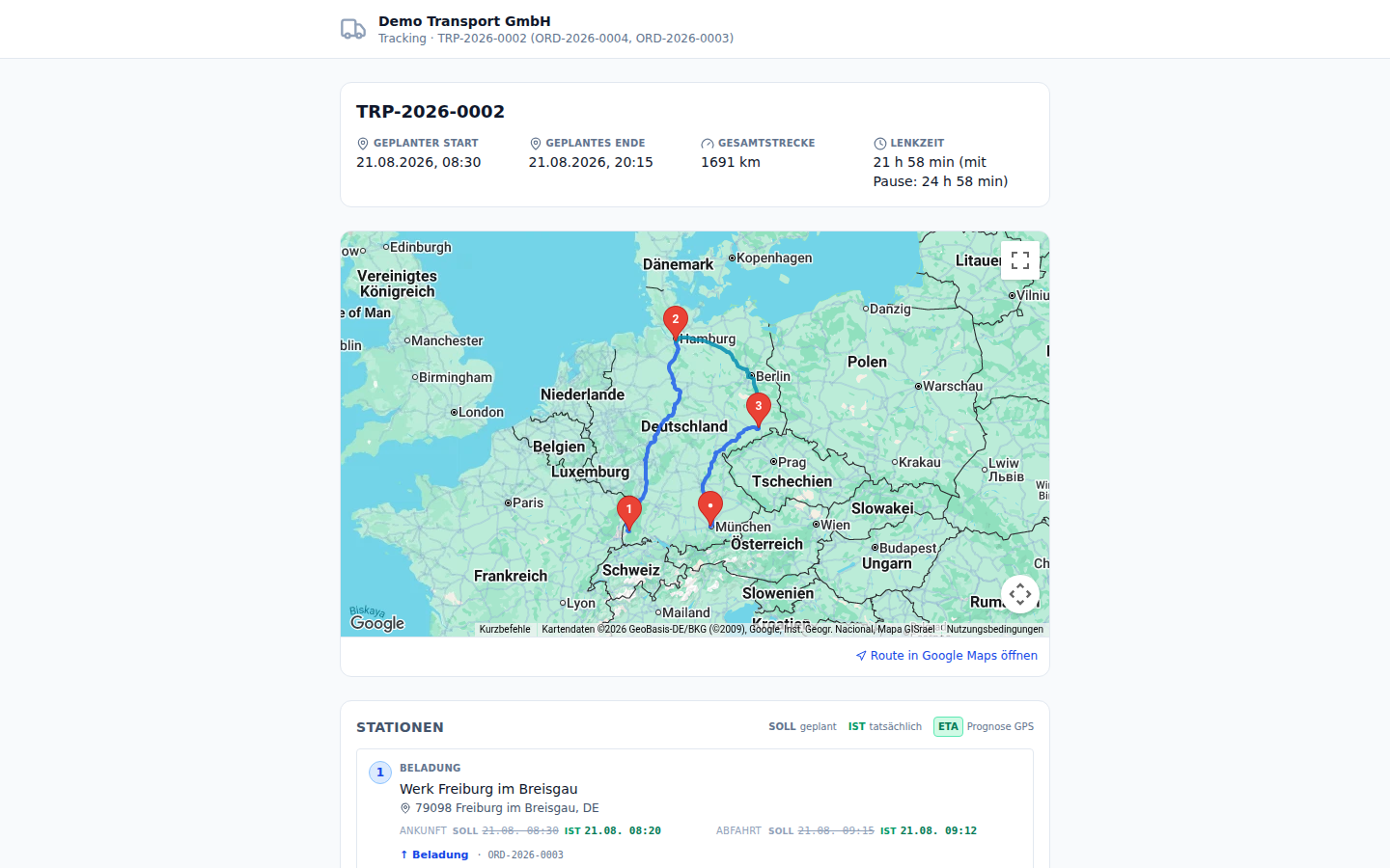Tracking-Seite für den Kunden mit Karte und Stationen