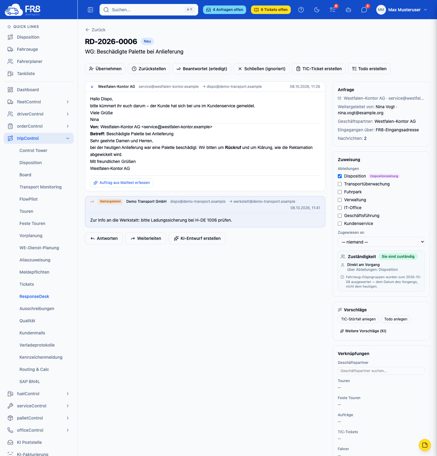 Kundenanfrage im ResponseDesk mit Verlauf