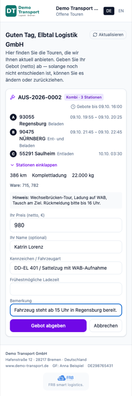 Gebotsseite einer Ausschreibung auf dem Handy