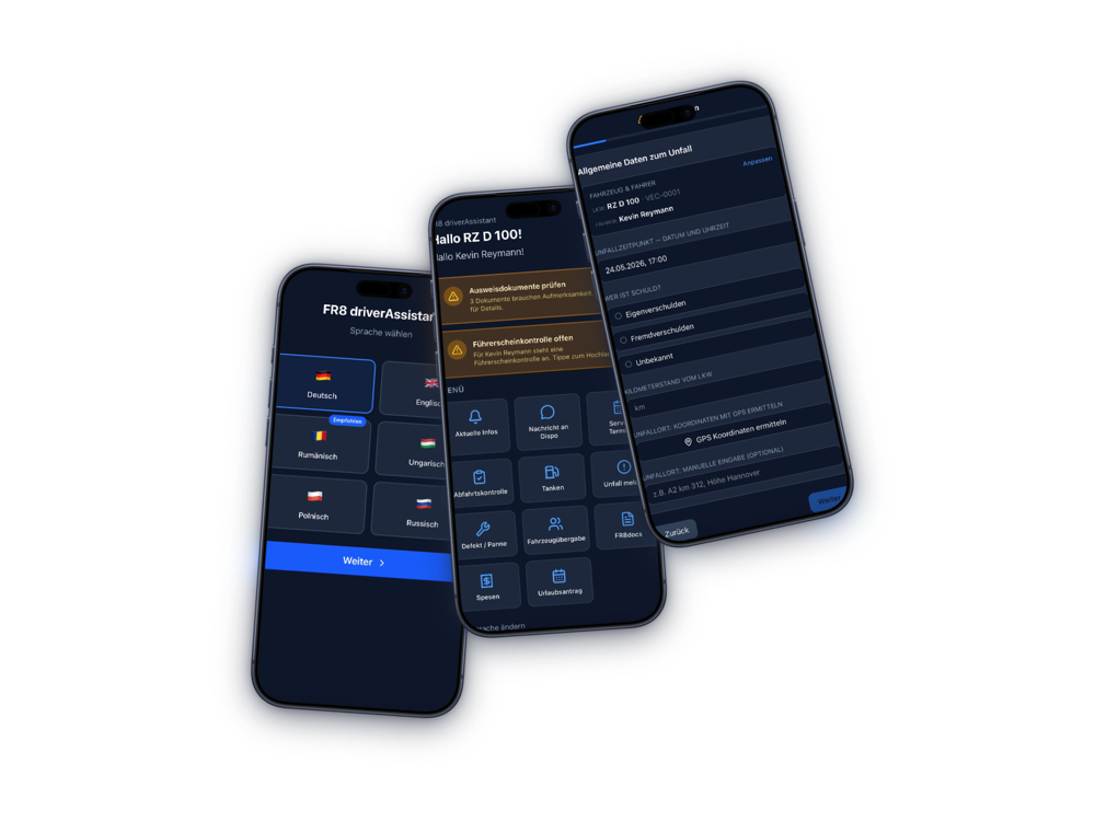 FR8 Fahrer-App auf drei Smartphones