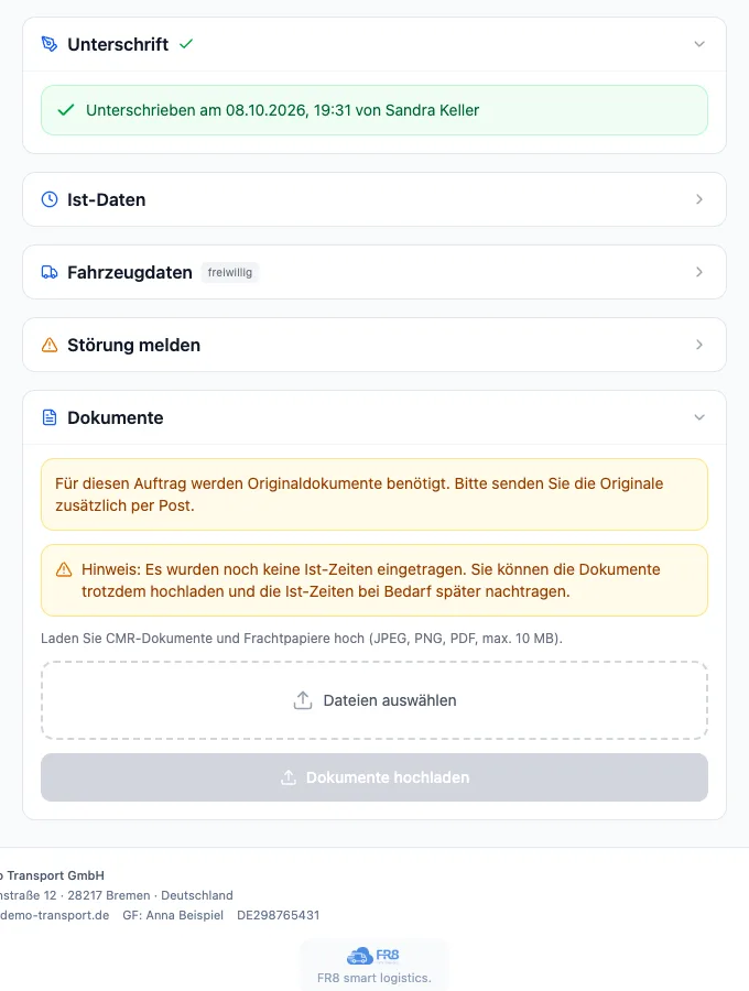 Charter-Portal mit Unterschrift, Ist-Daten, Störung und Dokumenten