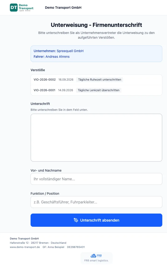 Firmenunterschrift unter eine Unterweisung zu Verstößen