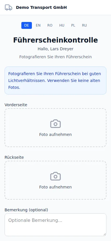 Upload-Seite für die Führerscheinkontrolle am Handy