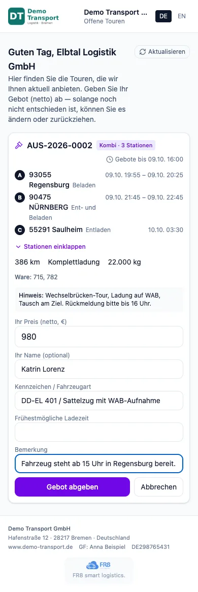 Gebotsseite am Handy mit offener Tour