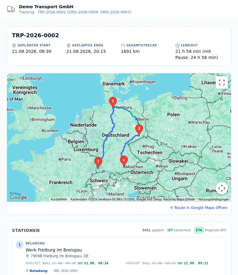 Sendungsverfolgung mit Karte, Route und Stationen