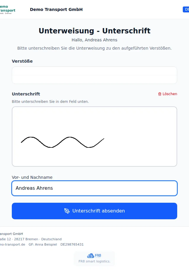 Unterschriftenseite für eine Unterweisung